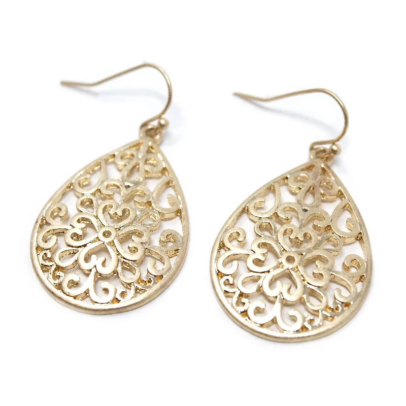 elegant drop earrings for women -colorful earrings for casual wear -Filigree Teardrop Gold Tone Earrings