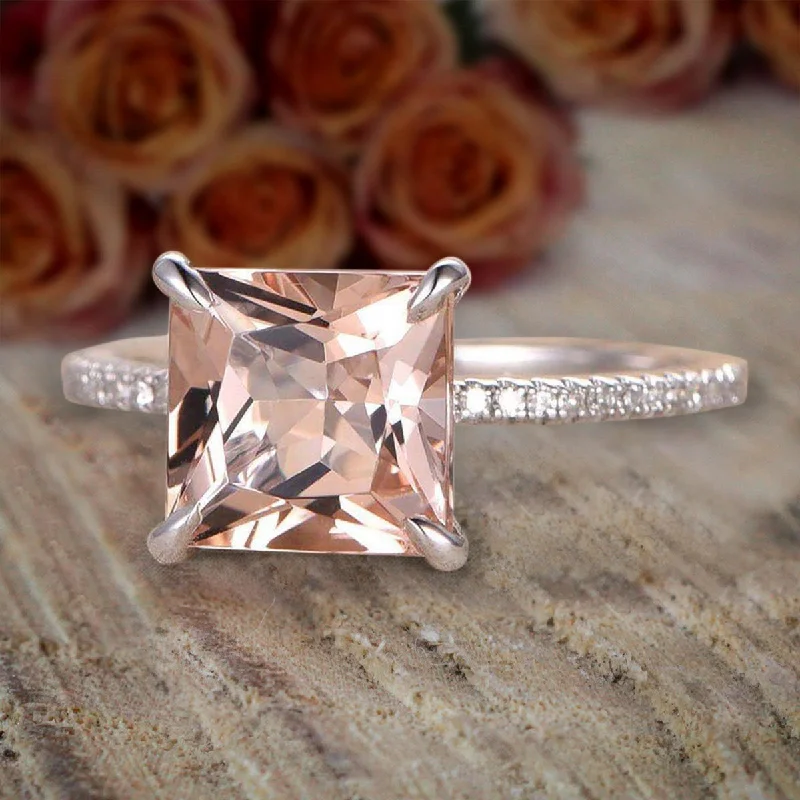 unique engagement rings for women -unique engagement rings for women -1.25 Carat Peach Pink Morganite Princess Cut Diamond Moissanite Engagement Ring in 10k White Gold