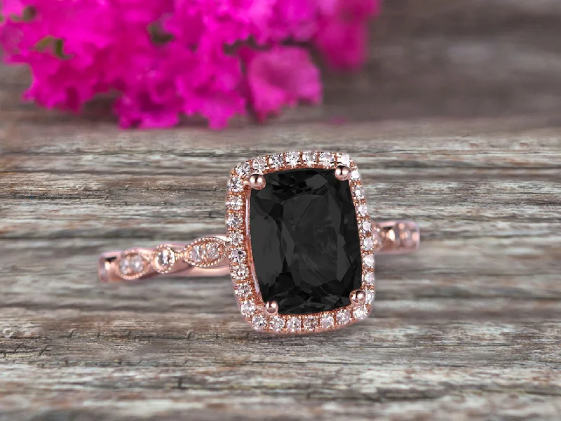 large solitaire engagement rings -large solitaire engagement rings -Milgrain Art Deco 1.50 Carat Cushion Cut Black Diamond Moissanite Engagement Ring With 10k Rose Gold Shining Sparkling Halo