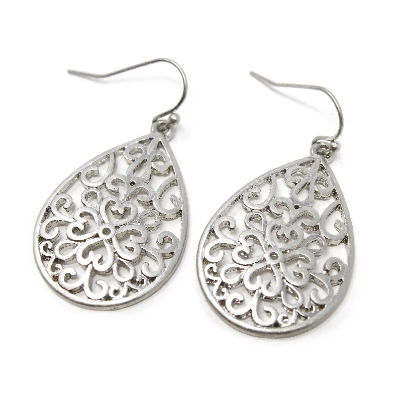 hoop earrings for evening wear -designer earrings for women -Filigree Teardrop Rhodium Plated Earrings