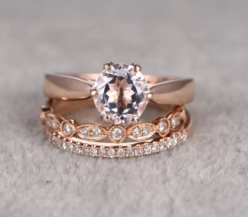 sapphire engagement rings for women -sapphire engagement rings for women -Round Cut 2 Carat Morganite Ring With Diamond Moissanite Trio Ring Set in 10k Rose Gold With 1 Engagement Ring And 2 Wedding Bands