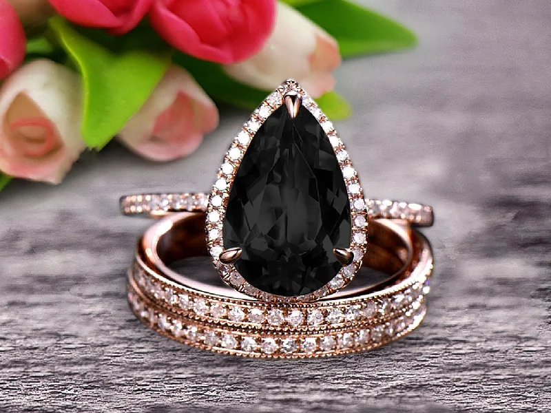 alternative engagement rings -alternative engagement rings -Milgrain Art Deco Trio Set 2 Carat Black Diamond Moissanite Engagement Ring On 10k Rose Gold Pear Shape Gemstone Halo Ring With Matching Band Surprisingly Ring