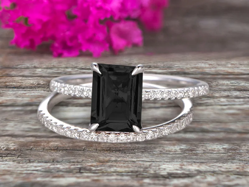 gemstone and diamond engagement rings -gemstone and diamond engagement rings -1.50 Carat Surprisingly Black Diamond Moissanite Engagement Ring On 10k White Gold Bridal Set Emerald Cut Thin Pave Stacking Band Art Deco