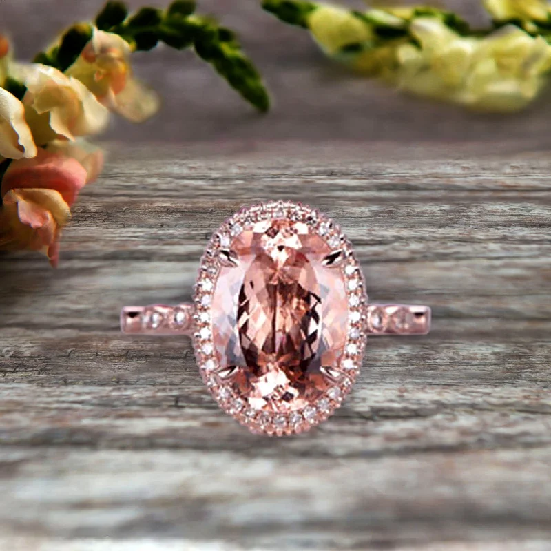 emerald cut engagement rings for women -emerald cut engagement rings for women -1.75 Carat Oval Cut Morganite Engagement Ring On 10k Rose Gold Halo Stackable Ring Art Deco Anniversary Gift Personalized for Brides