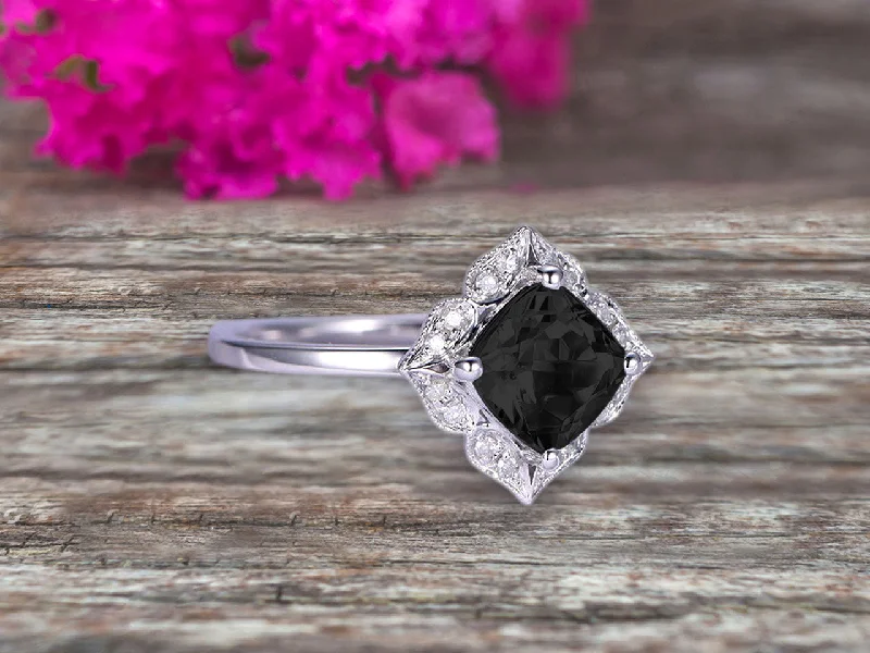 fancy cut engagement rings -fancy cut engagement rings -Cushion Cut 1.25 Carat Vintage Floral Black Diamond Moissanite Engagement Ring On 10k White Gold Anniversary Gift Personalized for Brides