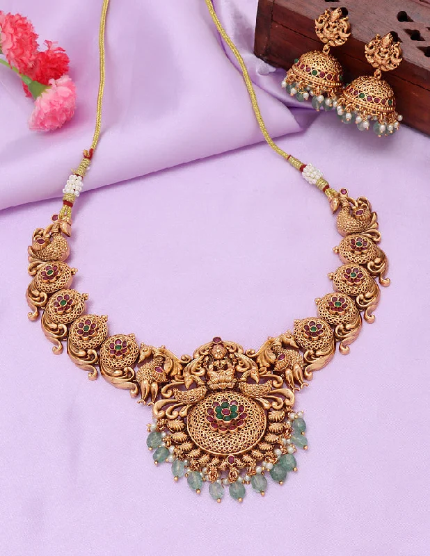 statement necklaces for women -choker necklaces for women -Designer Matt Lakshmi Devi Ruby Emerald Necklace Set With Monalisa Beads