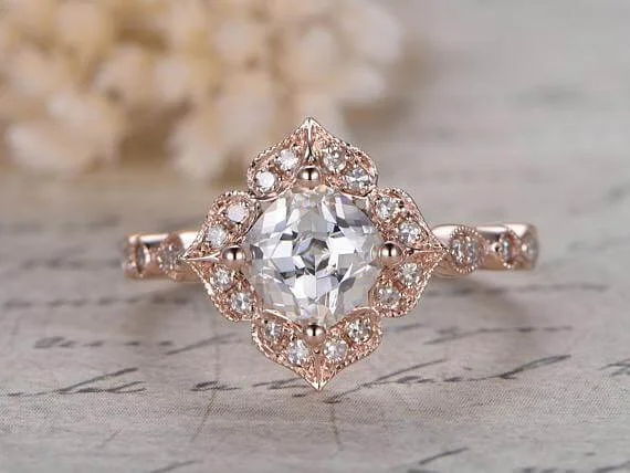 engagement rings with black diamonds -engagement rings with black diamonds -1.25 Carat Cushion Cut Halo Art Deco Moissanite Diamond Engagement Ring in 10k Rose Gold