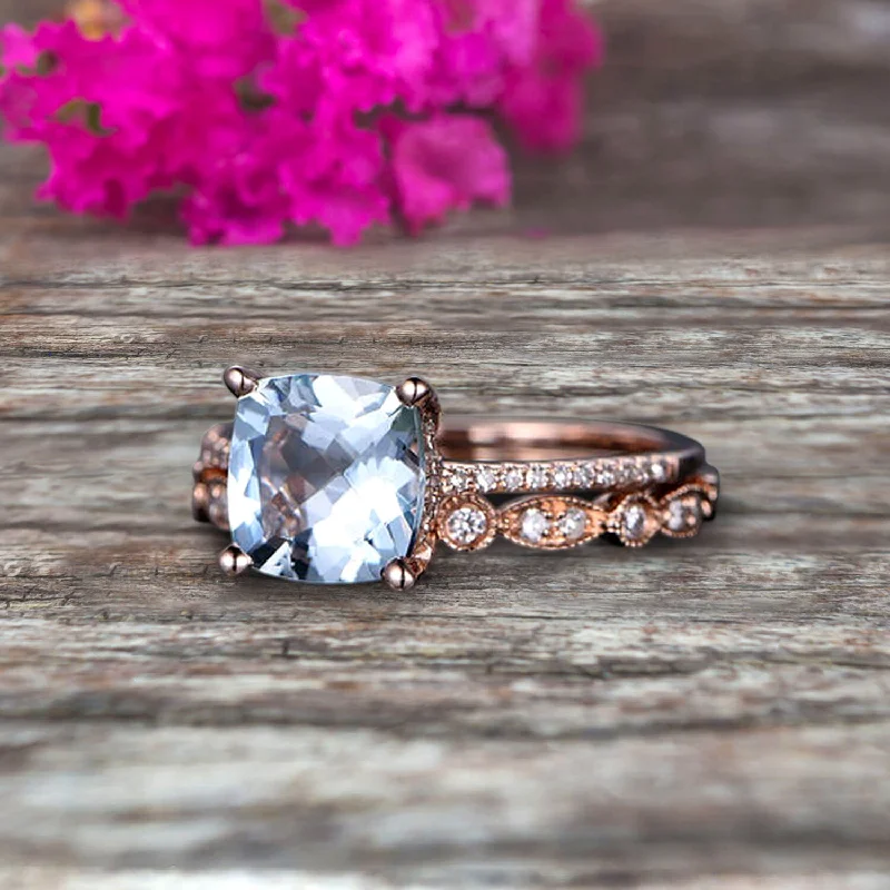 round cut engagement rings for women -round cut engagement rings for women -Cushion Cut 1.75 Carat  Aquamarine Engagement Ring with Unique Wedding Band 10k Rose Gold Art Deco Bridal Set Anniversary Gift