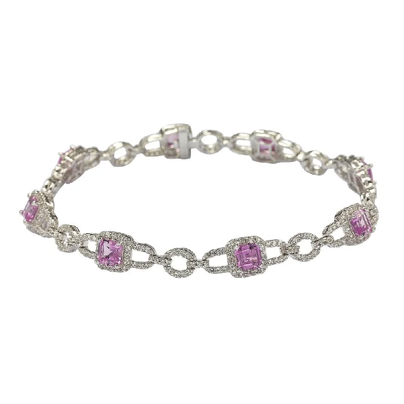 gold cuff bracelets for women -Suzy Levian Sterling Silver Asscher Cut Pink Sapphire & Diamond Accent Tennis Bracelet