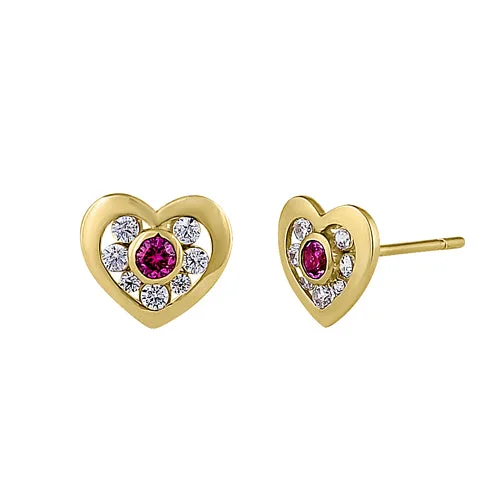 classic pearl earrings for women -women’s fashion stud earrings -Solid 14K Yellow Gold Heart Ruby & Clear Round CZ Earrings