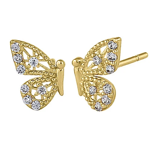 turquoise earrings for women -turquoise earrings for women -Solid 14K Yellow Gold Half Butterfly Clear CZ Earrings