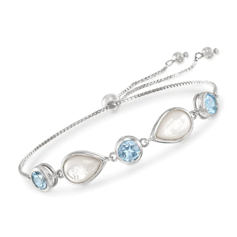 trendy bangle bracelets -Ross-Simons Mother-Of-Pearl and Blue Topaz Bolo Bracelet in Sterling Silver