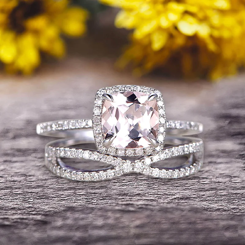 radiant engagement rings -radiant engagement rings -Bridal Set 1.75 Carat Cushion Morganite Engagement Ring Set Wedding Ring Solid 10k White Gold Promise Ring for Bride Loop Curved Matching Band Halo Ring