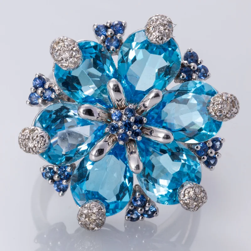 luxury platinum rings -18K White Gold Blue Topaz, Sapphire, and Diamond Ring | 18.48 ctw, 0.42 ctw, 0.65 ctw | SZ 9 |