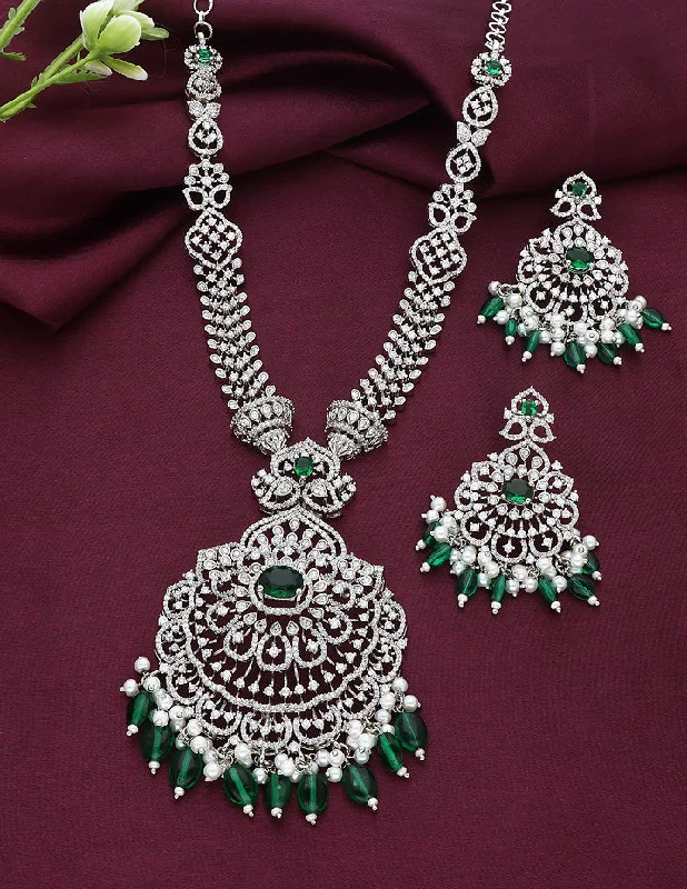 women’s necklaces -women’s necklaces -Designer Rhodhium Polish Zirconia Emerald Necklace Set