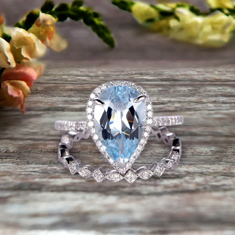 timeless engagement rings for women -timeless engagement rings for women -2Pcs Wedding Ring Set Pear Shape 1.75 Carat Aquamarine Engagement Ring On 10k White gold Halo Design