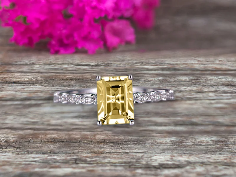 anniversary engagement rings -anniversary engagement rings -Art Deco 10k White Gold 1.25 Carat Emerald Cut Champagne Diamond Moissanite Engagement Ring Anniversary Gift