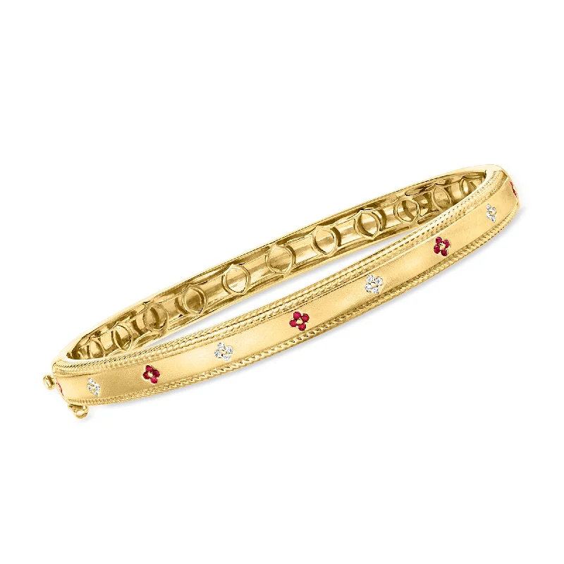 women’s adjustable cuff bracelets -Ross-Simons Ruby and Diamond-Accented Flower Bangle Bracelet in 18kt Gold Over Sterling