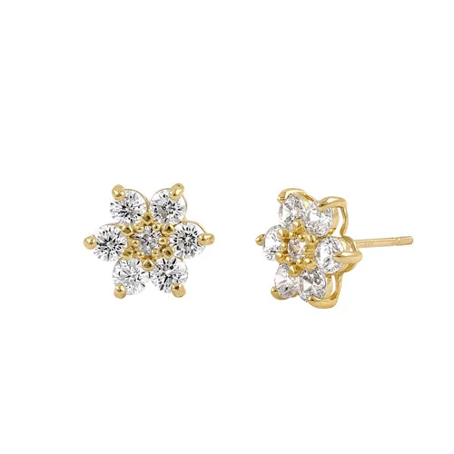 vintage stud earrings -cubic zirconia earrings for women -Solid 14K Yellow Gold Six Petal Flower CZ Earrings