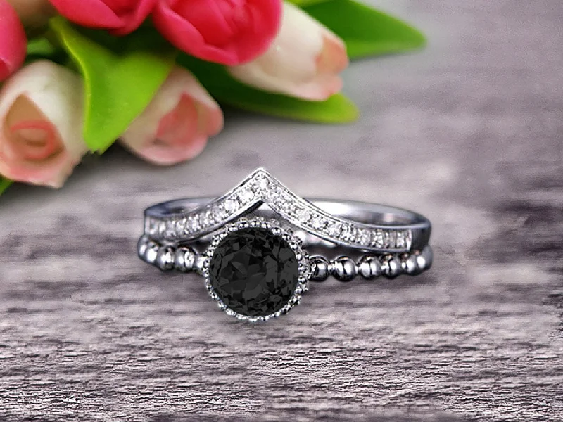 affordable engagement rings -affordable engagement rings -1.50 Carat Round Cut Black Diamond Moissanite Engagement Ring with V-Shaped Wedding Band 10k White Gold Art Deco Bridal Set Anniversary Gift