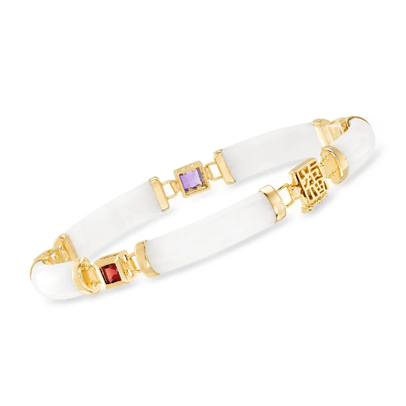 elegant gold bangles for women -Ross-Simons Multi-Gemstone and White Jade "Bless" Bracelet in 14kt Gold Over Sterling