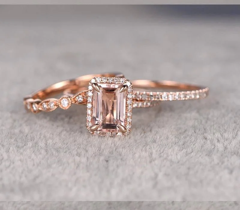 women’s diamond solitaire engagement rings -women’s diamond solitaire engagement rings -Emerald Cut 2 Carat Morganite Ring With Moissanite Diamonds in 10k Rose Gold With One Engagement Ring And 2 Wedding Bands