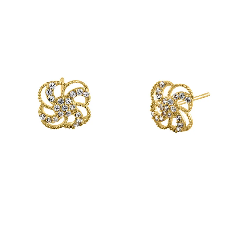 trendy earrings for parties -trendy earrings for parties -Solid 14K Yellow Gold Pinwheel Flower CZ Earrings