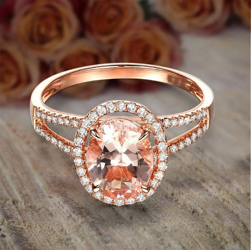 engagement rings with side stones -engagement rings with side stones -Limited Time Sale Split Shank 1.50 Carat Oval Cut Morganite And Diamond Moissanite Halo Engagement Ring in 10k Rose Gold