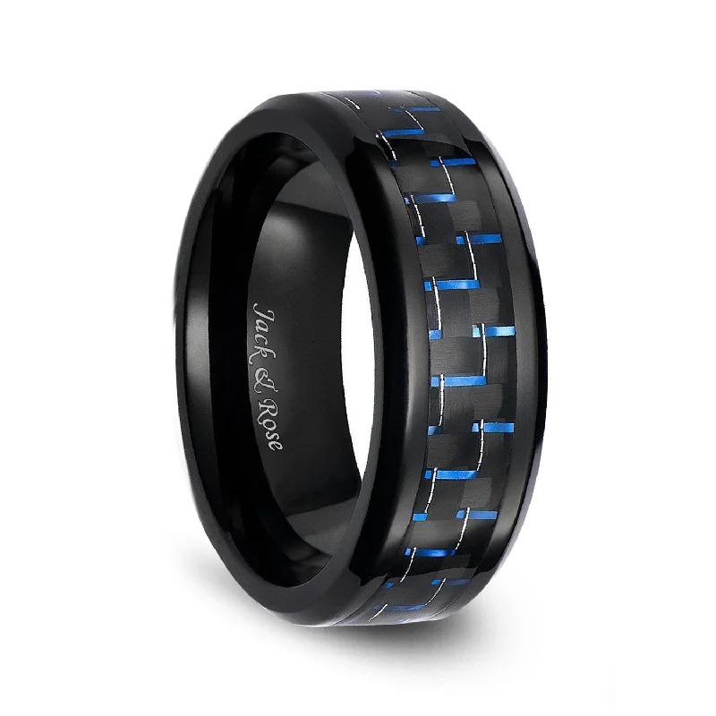 romantic engagement rings for women -romantic engagement rings for women -Black Ceramic Rings with Blue Carbon Fiber Fashion Engagement Rings 8mm