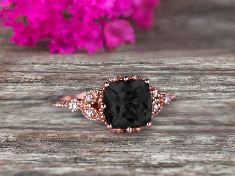 radiant cut engagement rings -radiant cut engagement rings -Milgrain Edge Cushion Cut 1.50 Carat Black Diamond Moissanite Engagement Ring On 10k Rose Gold Anniversary Ring Promise Ring Art deco Surprisingly Ring Gift for her