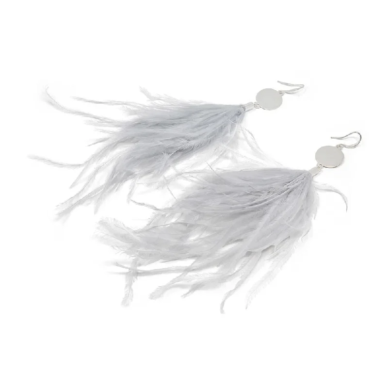 long earrings for women -bridal earrings for women -Light Gray Feathers Drop Earrings Silver Tone