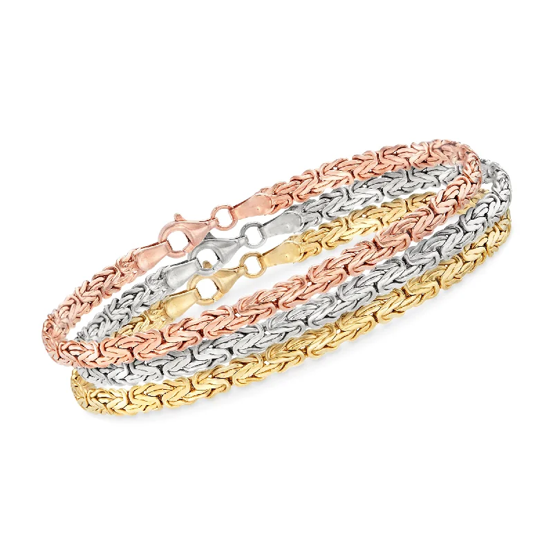 wedding bracelets for women -Ross-Simons 18kt Tri-Colored Gold Over Sterling Jewelry Set: 3 Flat Byzantine Bracelets