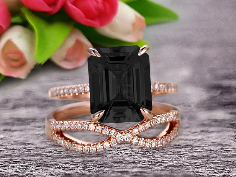 luxury gemstone engagement rings -luxury gemstone engagement rings -1.50 Carat Emerald Cut Black Diamond Moissanite Engagement Ring 10k Rose Gold Promise Ring for Bride or Anniversary Gift Startling Jewelry Twisted