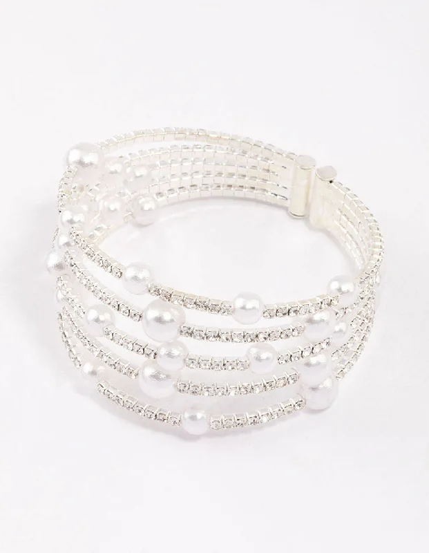 adjustable bangles for women -Silver Diamante & Pearl Decorative Wrist Cuff