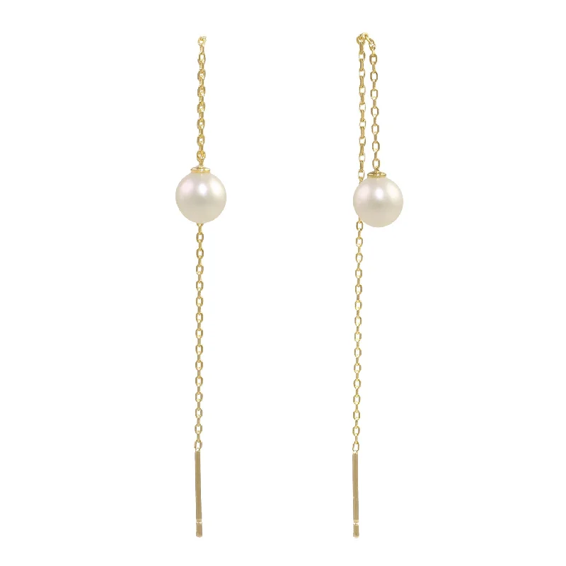 trendy dangling earrings -gemstone stud earrings for women -Solid 14K Gold Pearl Threader Earrings