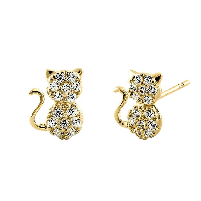 luxury pearl earrings -statement diamond earrings for women -Solid 14K Yellow Gold Cat Clear CZ Earrings