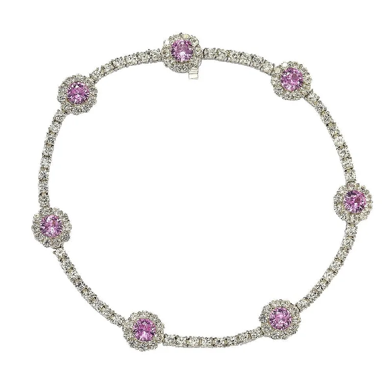 vintage bangles for women -Suzy Levian Sterling Silver Pink Sapphire and Diamond Accent Flower Tennis Bracelet