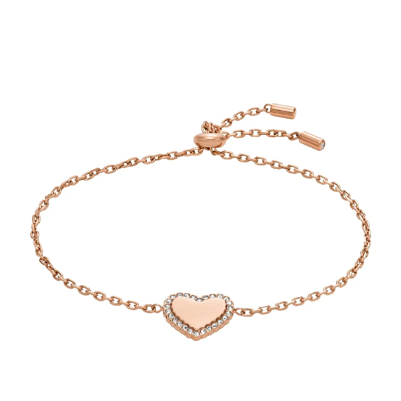 sterling silver bangles -Fossil Women's Elliott Rose Gold-Tone Stainless Steel Heart Chain Bracelet