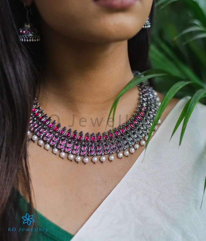 luxury pendant necklaces for women -sterling silver necklaces for women -The Ahalya Silver Kempu Necklace (Oxidised)