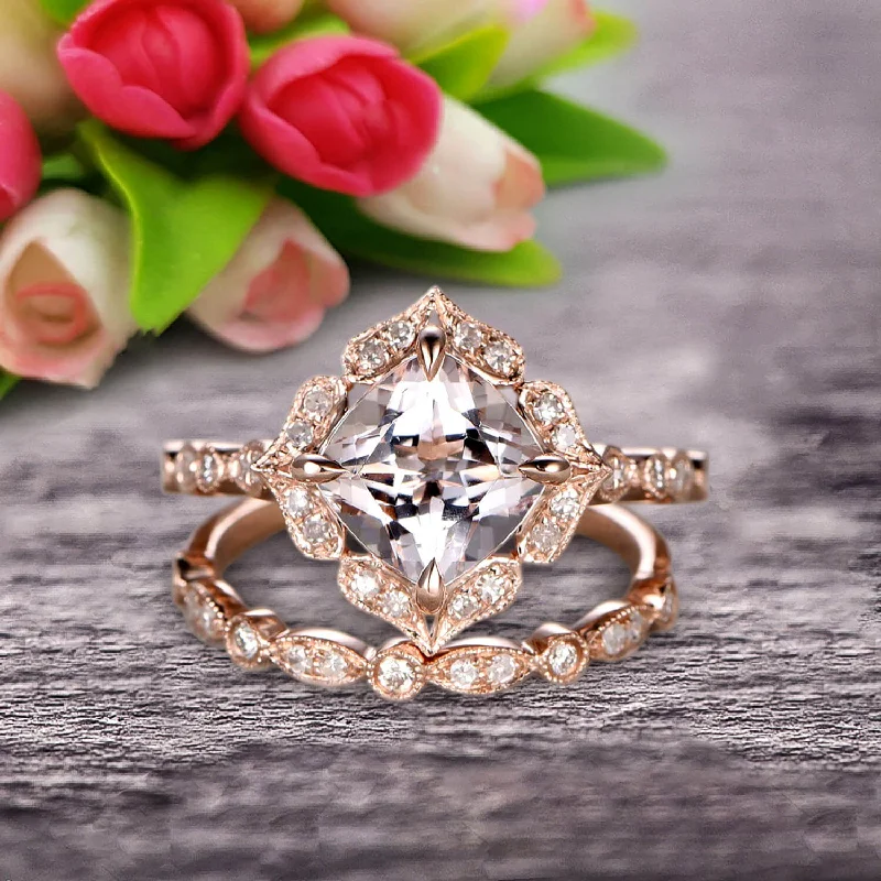 women’s simple wedding rings -women’s simple wedding rings -Milgrain Cushion Cut Morganite Wedding Set Bridal Set Engagement Ring 10k Rose Gold Vintage Look Glaring Staggering Ring