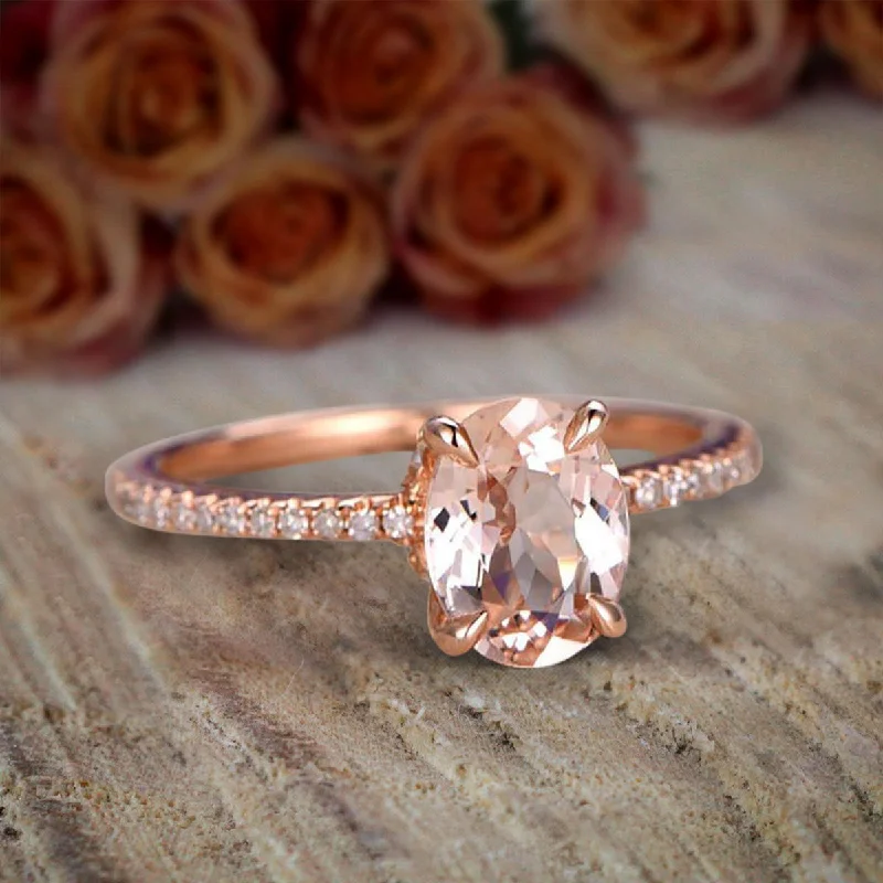 engagement rings with side stones -engagement rings with side stones -Desinger Classic 1.25 Carat Peach Pink Oval Cut Morganite And Diamond Moissanite Engagement Ring 10k Rose Gold