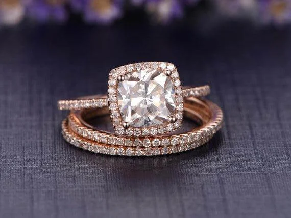 sapphire engagement rings for women -sapphire engagement rings for women -Halo 2 Carat Cushion Cut Moissanite Diamond Trio Engagement Ring Set in 10k Rose Gold on Sale