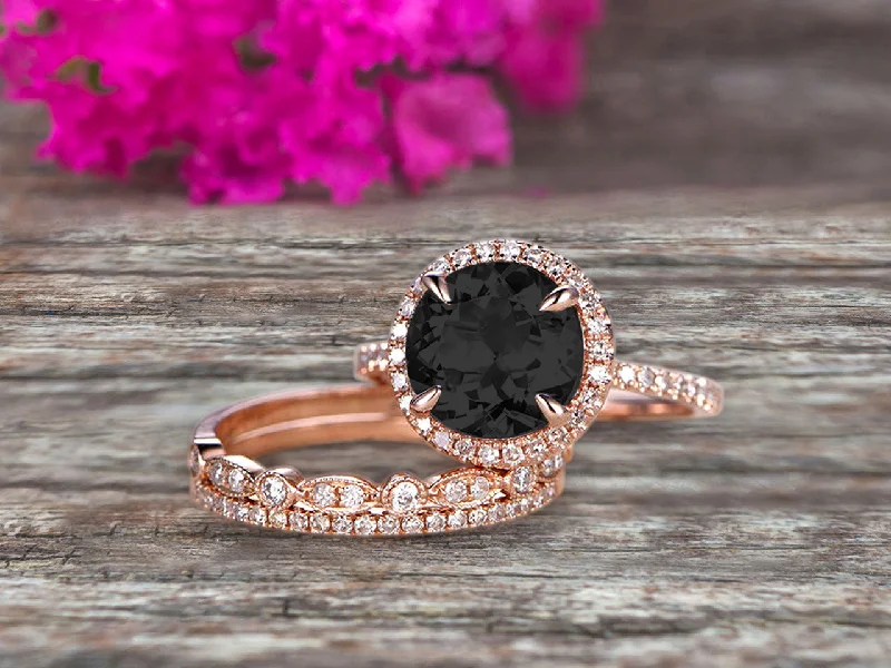 women’s wedding and engagement rings -women’s wedding and engagement rings -Milgrain Art Deco 2 Carat Round Cut Black Diamond Moissanite Engagement Ring 10k Rose Gold With Halo Design Stacking Matching Band Gift For Anniversary