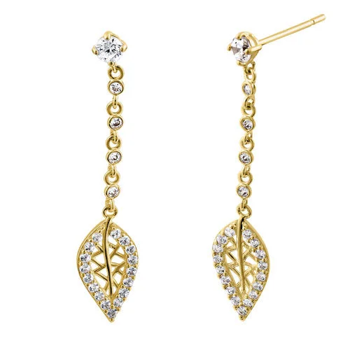 women’s bold earrings -women’s bold earrings -Solid 14K Yellow Gold Leaf CZ Dangle Earrings