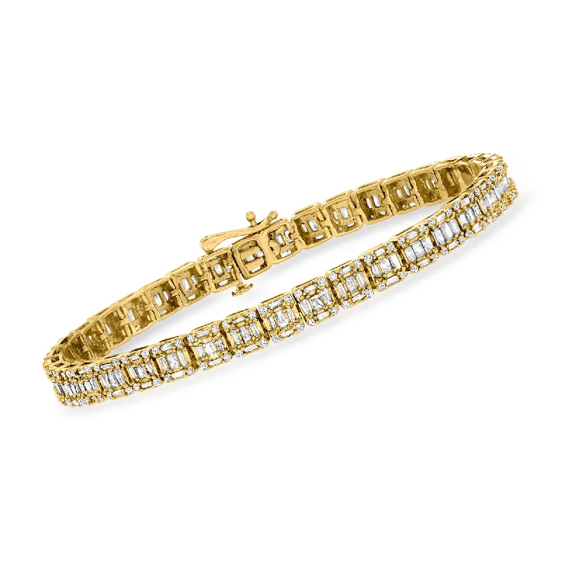 modern women’s bangles -Ross-Simons Baguette and Round Diamond Rectangular Cluster Bracelet in 14kt Yellow Gold