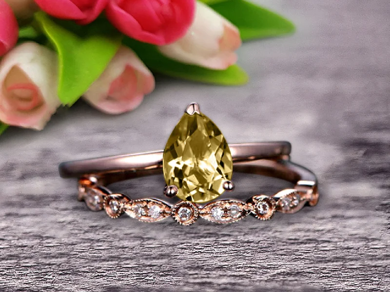 gemstone and diamond engagement rings -gemstone and diamond engagement rings -Champagne Diamond Moissanite Engagement Ring Set Handmade Solid 10k Rose gold 1.25 Carat Pear Shape Gemstone Promise Ring Bridal Ring set Wow Sparkling