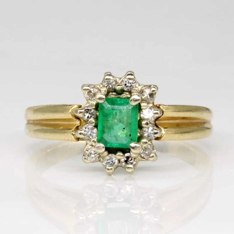 luxury bridal rings -Emerald & Diamond Halo Ring | 0.35ct, 0.18ctw | SZ 7.75 |