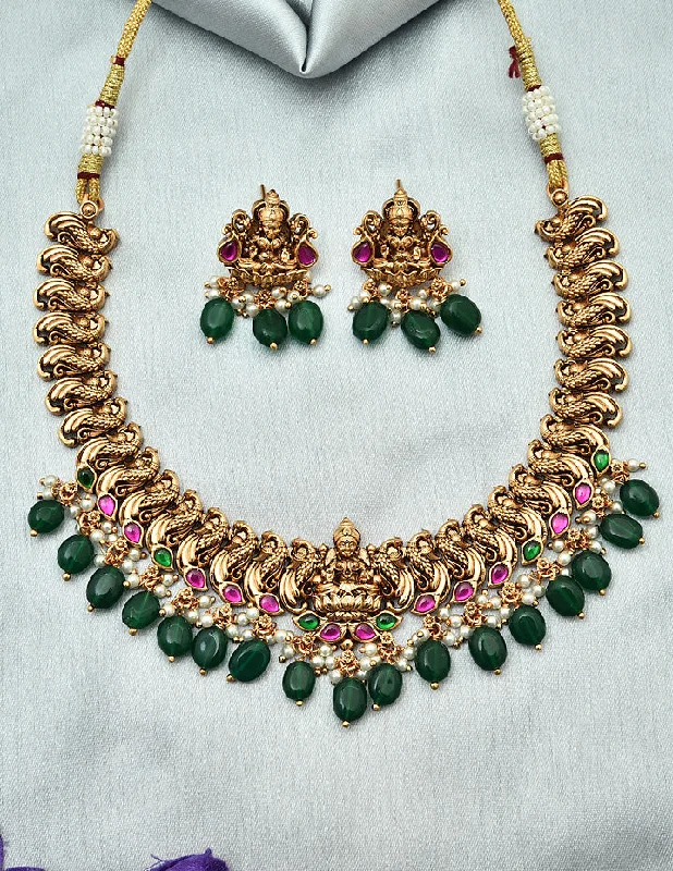 stacked necklaces for women -large statement necklaces for women -Designer Matt Lakshmi Devi Kempu Necklace Set