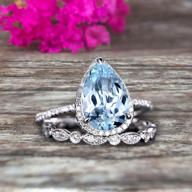 halo engagement rings for women -halo engagement rings for women -Pear Shape Blue Gemstone With Split Shank Halo Design 1.75 Carat Aquamarine Engagement Ring Bridal Set Anniversary Gift On 10k White Gold