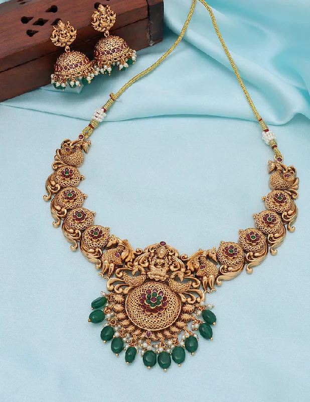 long necklaces for women -long necklaces for women -Designer Matt Lakshmi Devi Ruby Emerald Necklace Set With Monalisa Beads